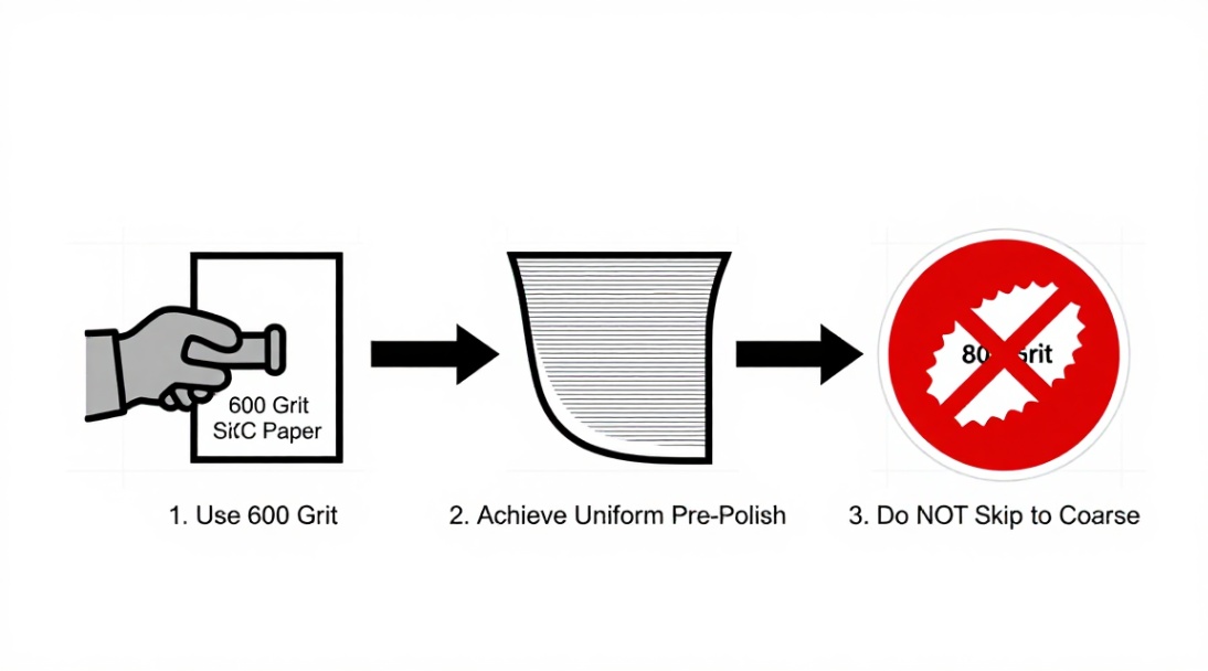 A precise, step-by-step method for applying 600 grit silicon carbide for a uniform pre-polish finish.