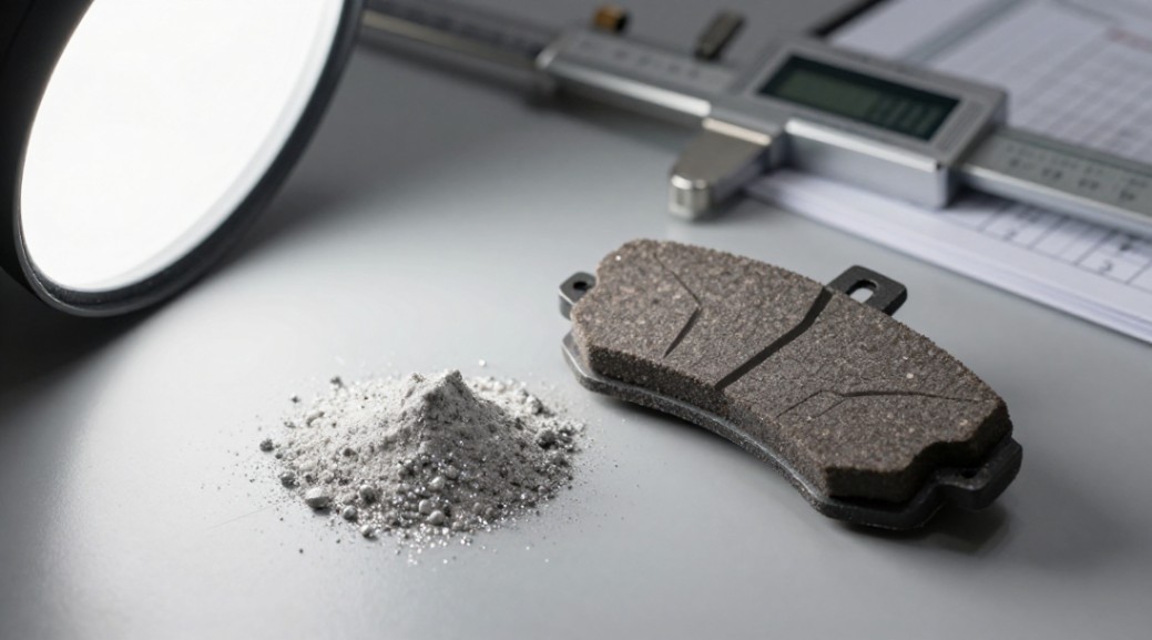 The key components: fine silicon carbide powder and a modern brake pad's friction surface.
