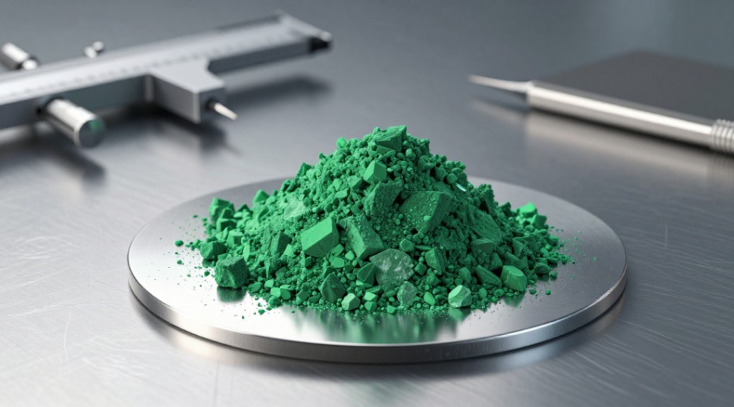 Close-up view of synthetic green silicon carbide abrasive for micro-removal finishing.