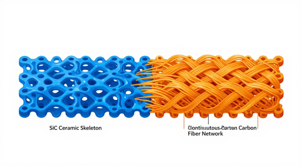 Cross-sectional diagram of a double continuous SiC-ceramic and fiber composite structure.