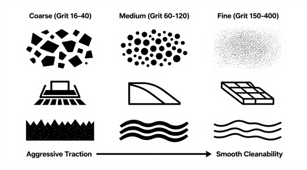 Grit size selection guide: from coarse for heavy traction to fine for easier cleaning.