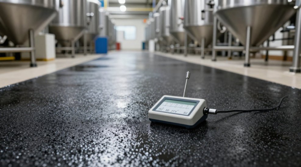 A slip-resistant epoxy floor coating, enhanced with black silicon carbide powder, undergoing a pendulum test to verify its high PTV rating.
