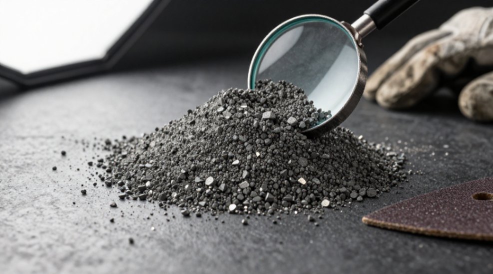 Inspecting the sharp, consistently-sized particles of a quality 220-grit SiC powder.