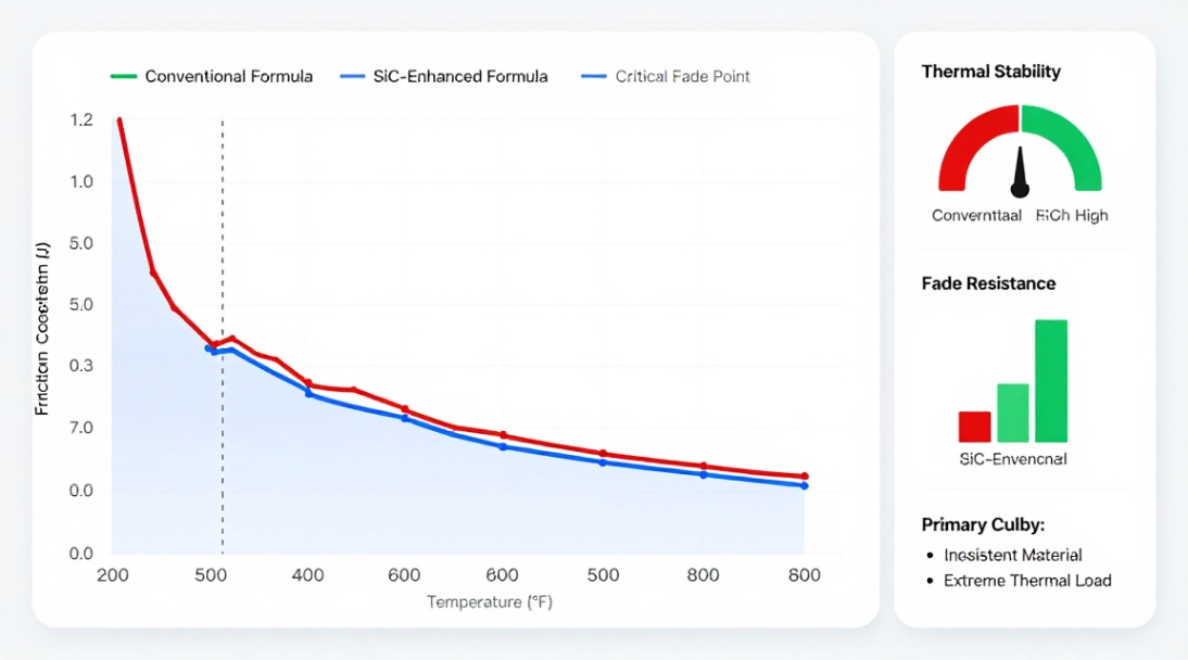 Temperature vs. Friction Performance: SiC-enhanced pads maintain consistent stopping power where conventional formulas fade.