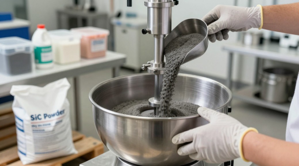 Adding SiC powder during the dry mixing cycle for uniform dispersion.