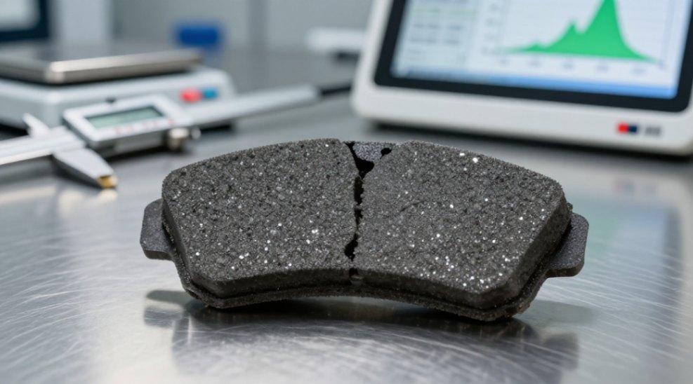 Macro view of a composite brake pad material, highlighting embedded silicon carbide abrasive particles.