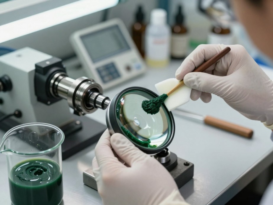 A slurry of green silicon carbide powder is meticulously applied for precision lens grinding.