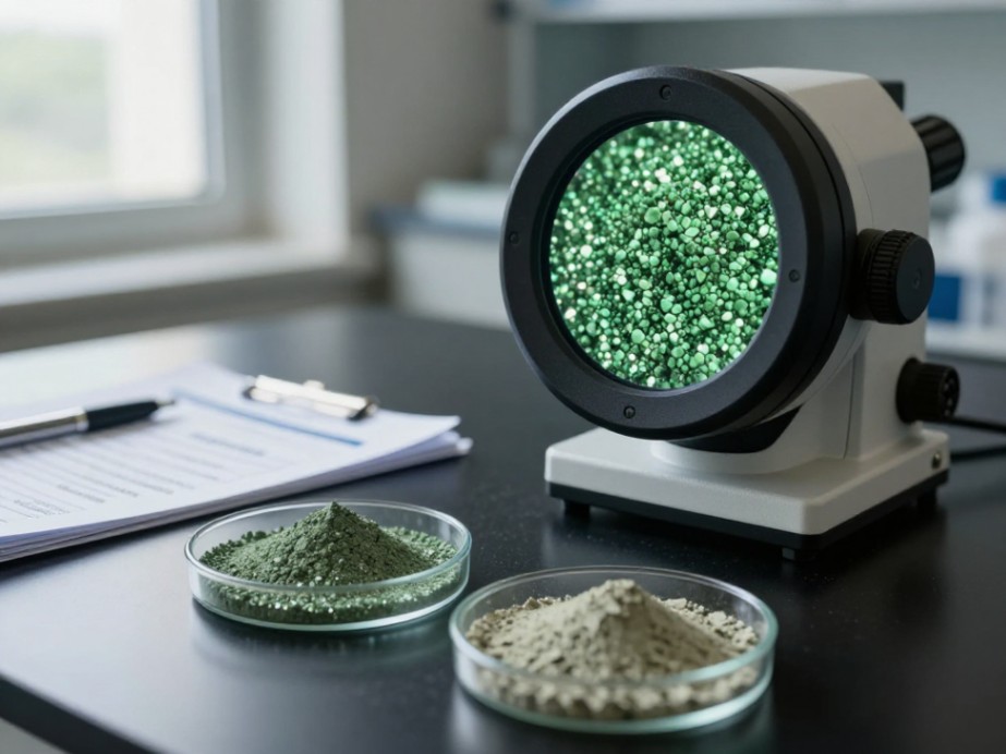 Laboratory comparison of high vs low quality green SiC powder under a digital microscope.
