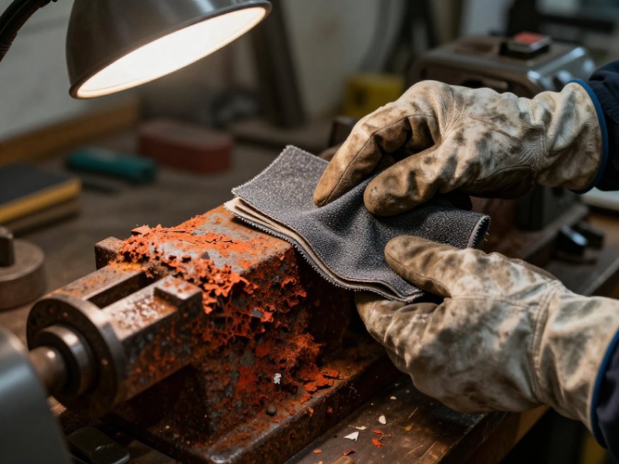 The right abrasive makes the difference: heavy-duty silicon carbide cloth tackling deep rust where other methods fail.