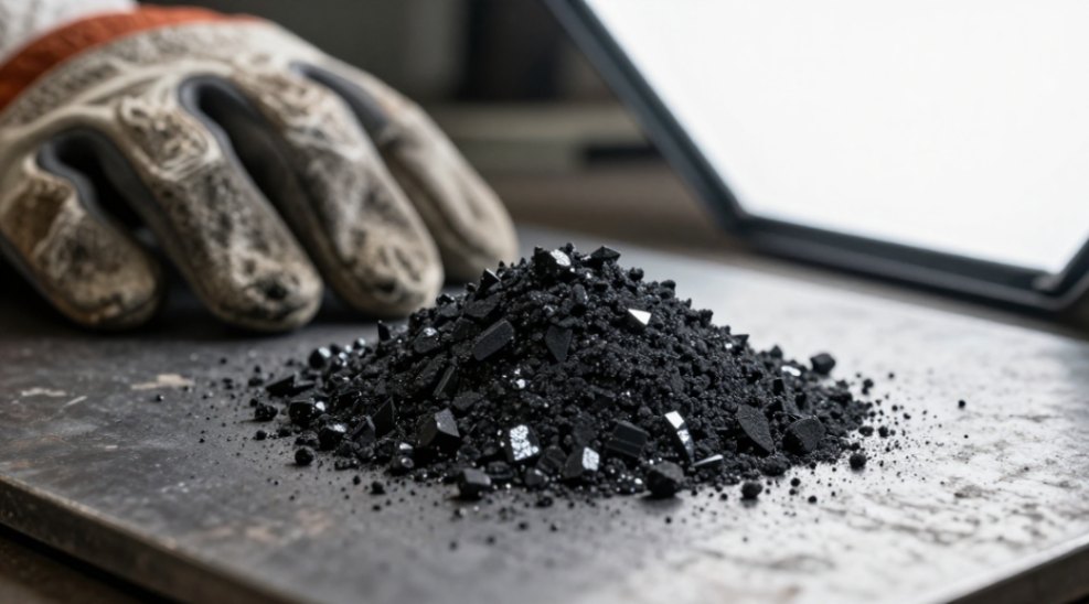 Black silicon carbide abrasive grains, characterized by their extreme hardness and friable nature.