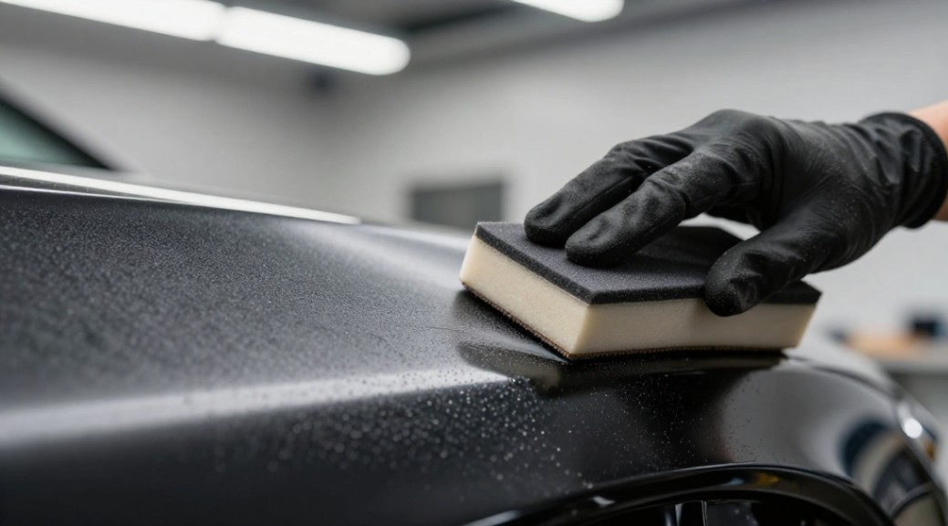 Applying 1000 grit material to level a base coat without cutting through the soft paint film.