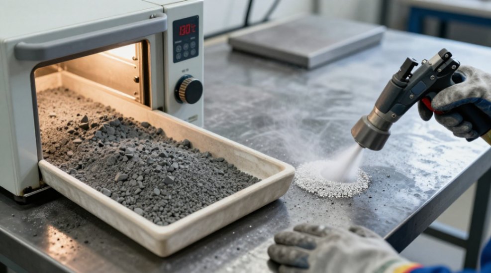 Step 1: Drying bulk powder and preparing the substrate surface through grit blasting.