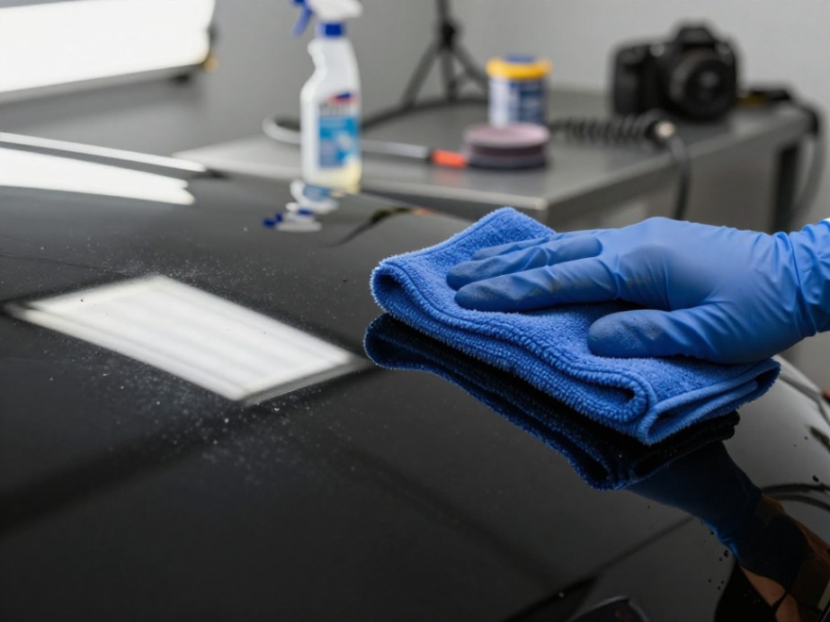 Inspecting a cleaned section under direct light to check for a perfect, scratch-free finish.