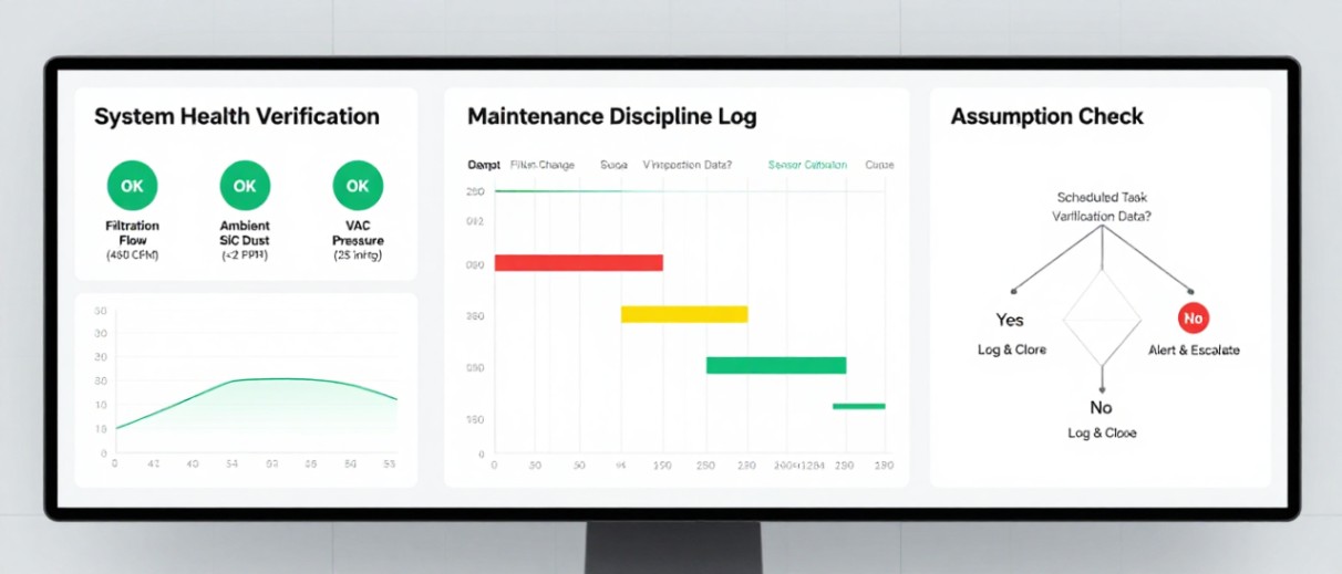 A control dashboard monitoring dust suppression system health and scheduled maintenance.