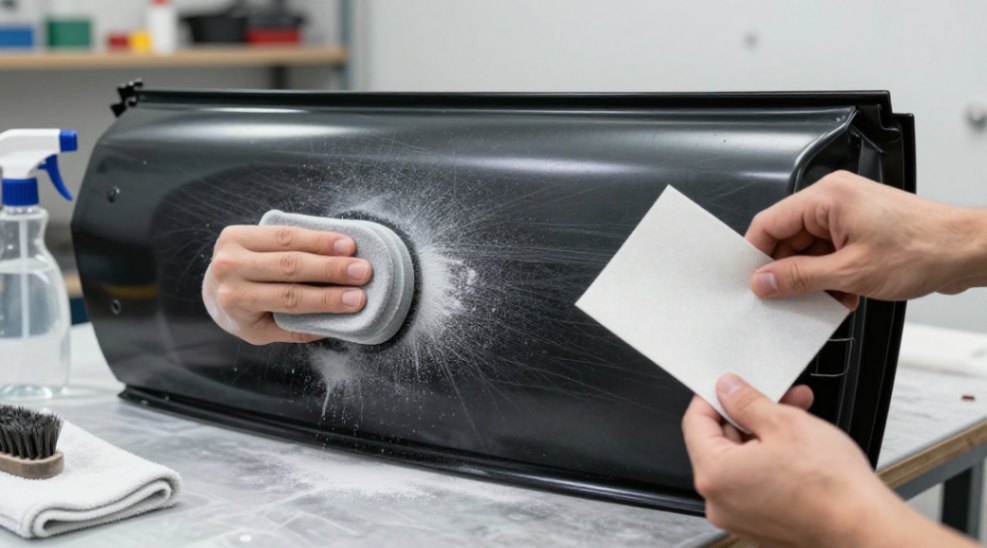 A real-world comparison of abrasive powder and sandpaper during automotive paint preparation.