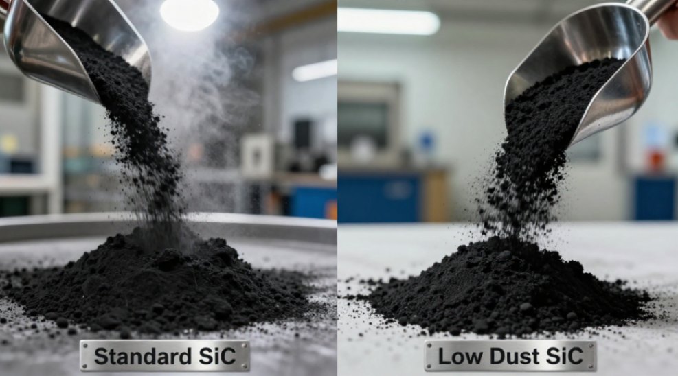 A visual comparison demonstrates the significant reduction in airborne dust when using low-dust black silicon carbide powder.