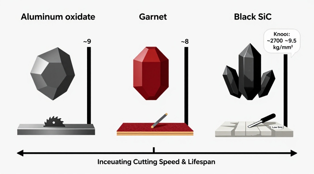 A comparison of abrasive grain hardness and structure, highlighting black silicon carbide's superior properties.