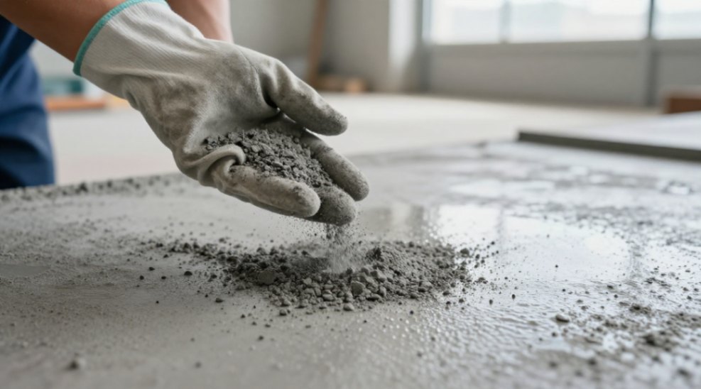 Step 2: Evenly sprinkle the 220 grit SiC powder onto a lightly misted concrete surface to create the abrasive slurry.