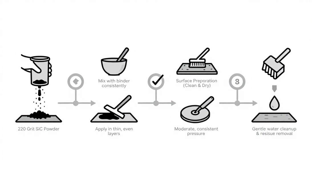 A visual summary of the operational steps for effective abrasive application and surface preparation.