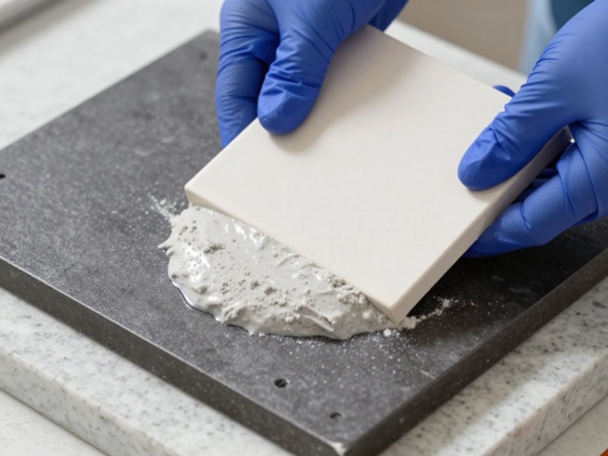 Demonstrating the figure-eight grinding motion with slurry on a stable surface.