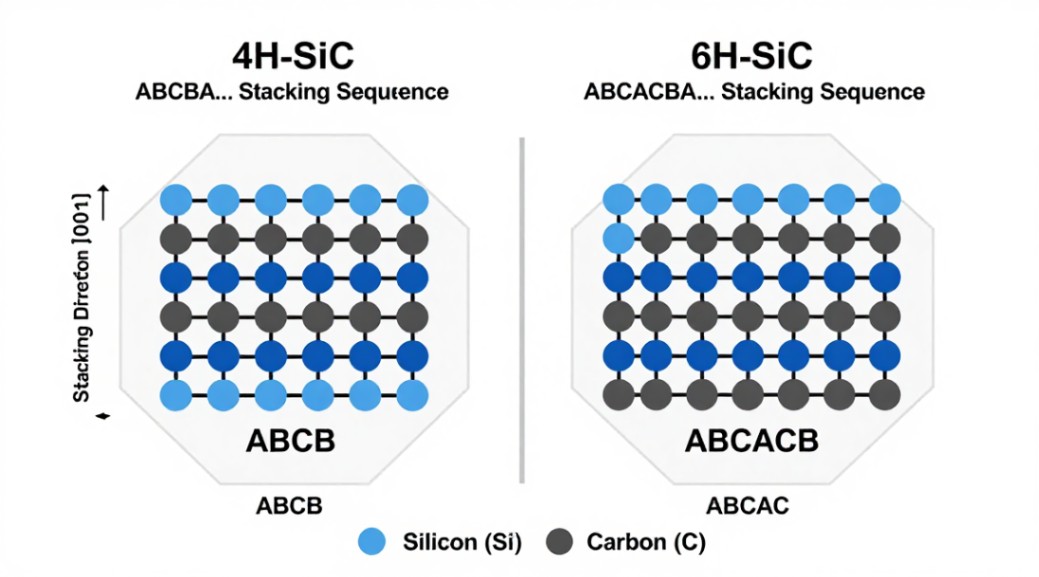 Comparative visualization of 4H-SiC and 6H-SiC hexagonal unit cells and their stacking sequences.