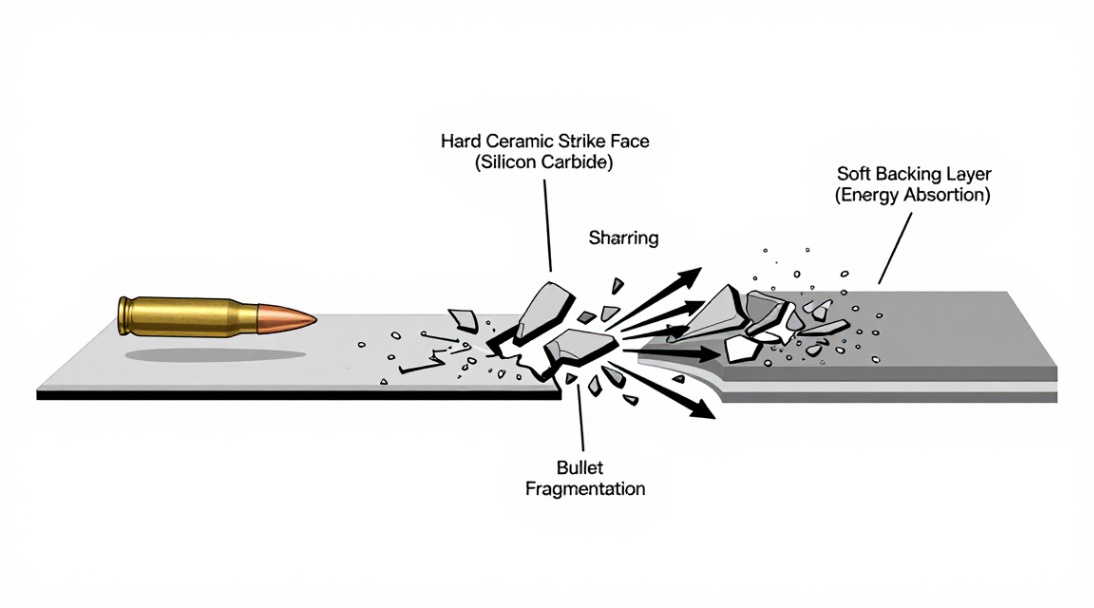 How a silicon carbide plate defeats a projectile: hardness forces controlled shattering, dissipating energy.