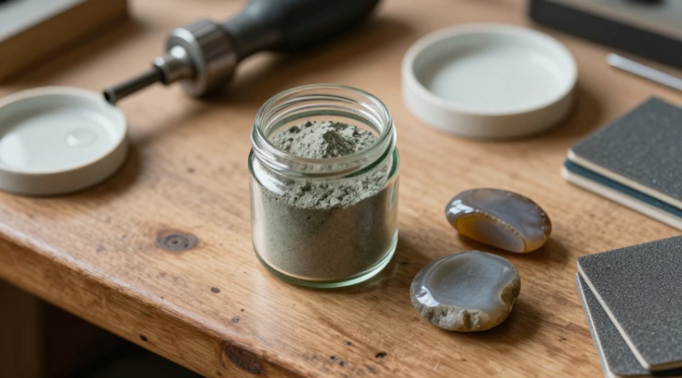 The essential jar of silicon carbide powder and agate stones on a workshop bench.