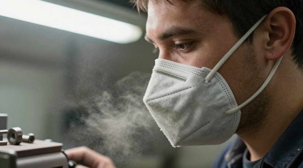 An ill-fitting dust mask fails to seal, allowing fine silicon carbide particles to be inhaled.