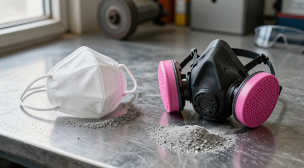A simple dust mask versus a NIOSH-approved respirator: only one provides adequate protection against hazardous silicon carbide particles.