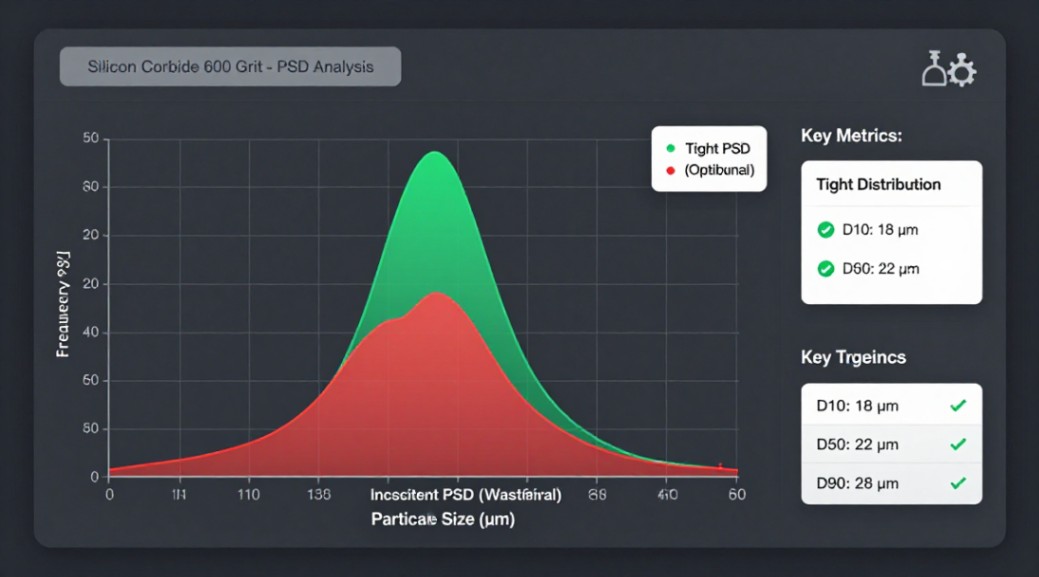 A tight, consistent PSD (green) versus a broad, inconsistent one (red) for 600 grit SiC powder.