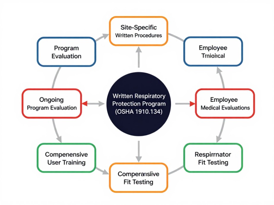 Diagram of required elements for a compliant Respiratory Protection Program (OSHA 1910.134).