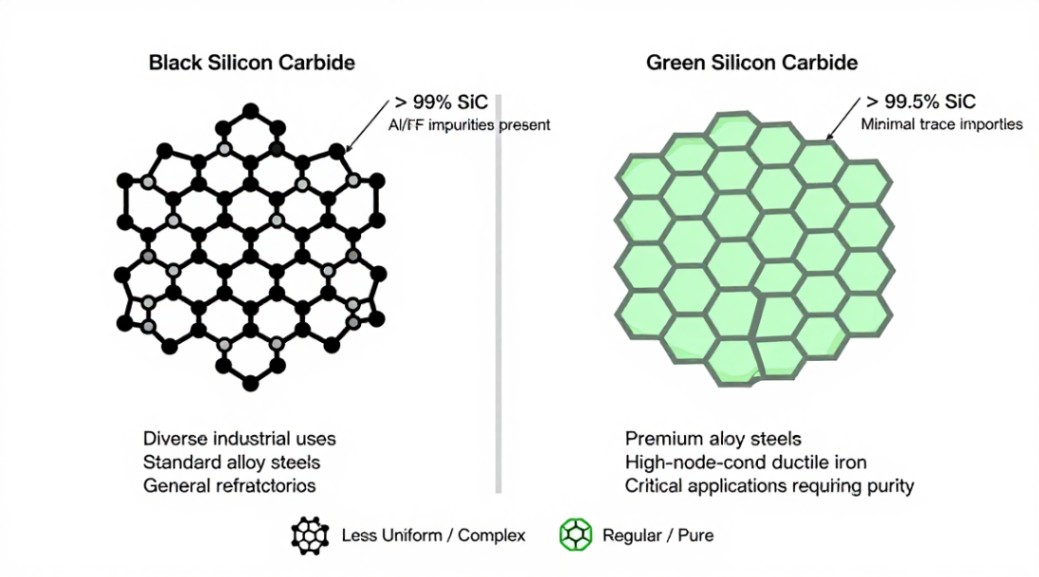 A visual comparison of the crystal structure and purity levels for Black vs. Green Silicon Carbide.