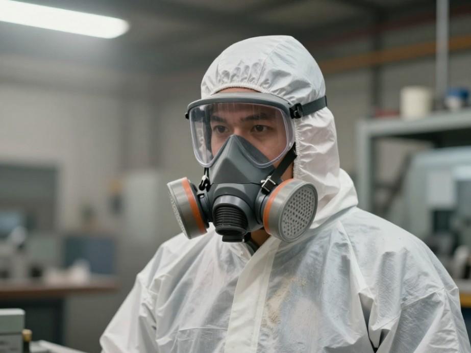 Proper PPE ensemble for protection against silicon carbide dust, including respirator, sealed eyewear, and coveralls.