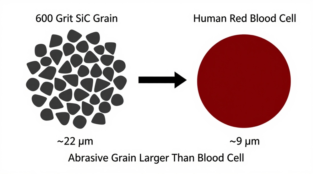 Figure 1: Size comparison between a 600 grit silicon carbide abrasive grain and a human red blood cell.