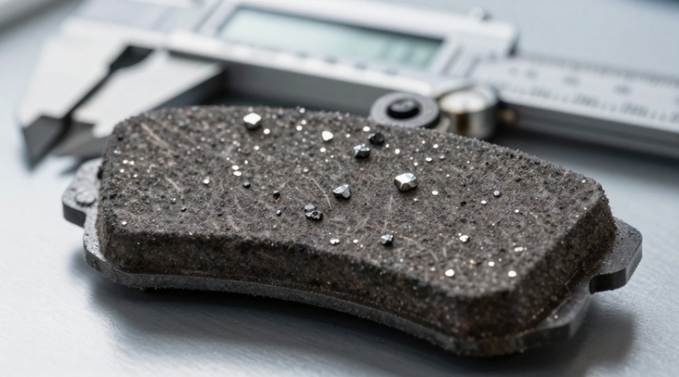 A magnified look at the sharp, gritty silicon carbide particles embedded within the brake pad's friction material.