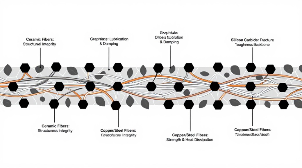 A technical cross-section showing how SiC particles are embedded in a resilient matrix with graphite and fibers.