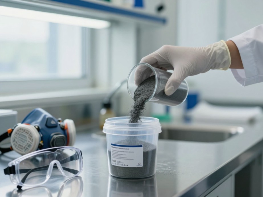 Essential PPE, including a respirator and gloves, is required when handling fine abrasive powders.