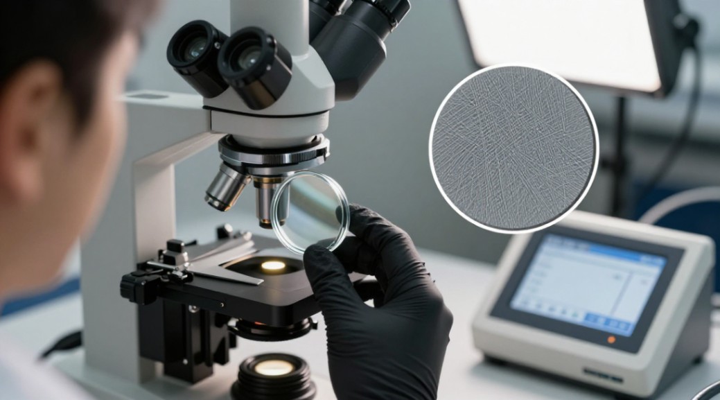 Auditing your lens under darkfield microscopy reveals the uniformity and depth of the 1500 grit scratch pattern.