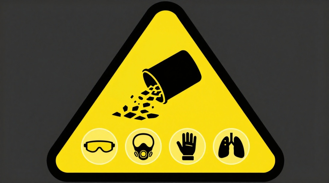 Graphical warning sign highlighting essential safety precautions when handling silicon carbide powder.