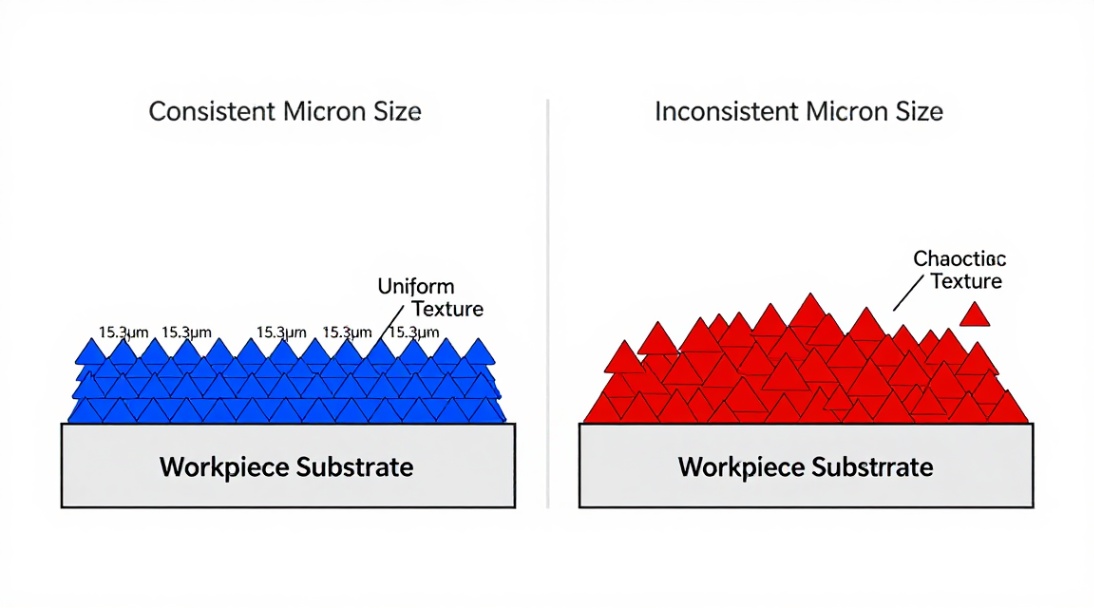 Figure: Consistent micron size (left) creates a uniform finish, while inconsistent size (right) leads to a rough surface.