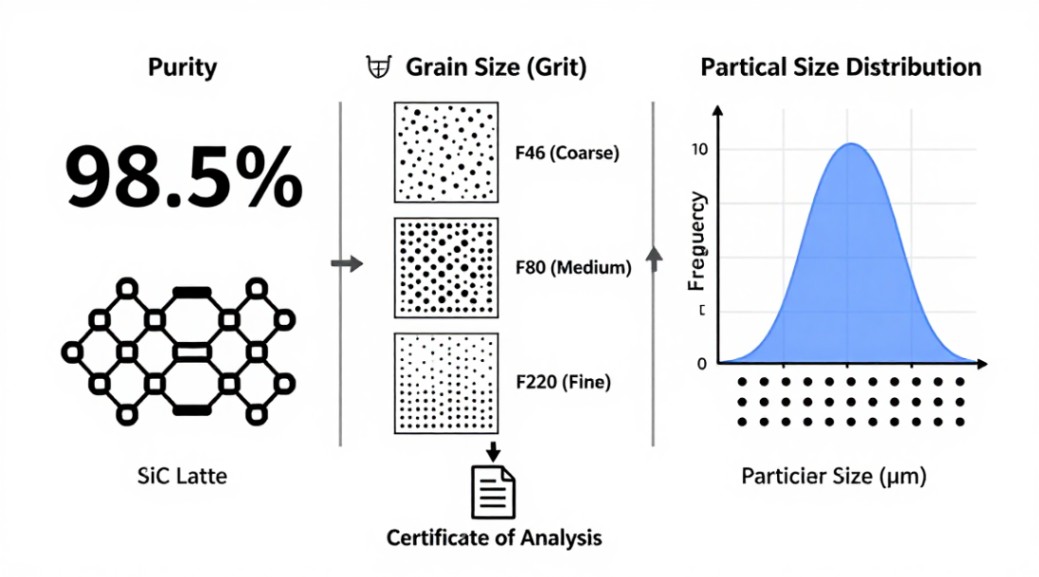 Critical technical specifications for bulk silicon carbide powder: Purity %, Grit Size, and Particle Size Distribution.