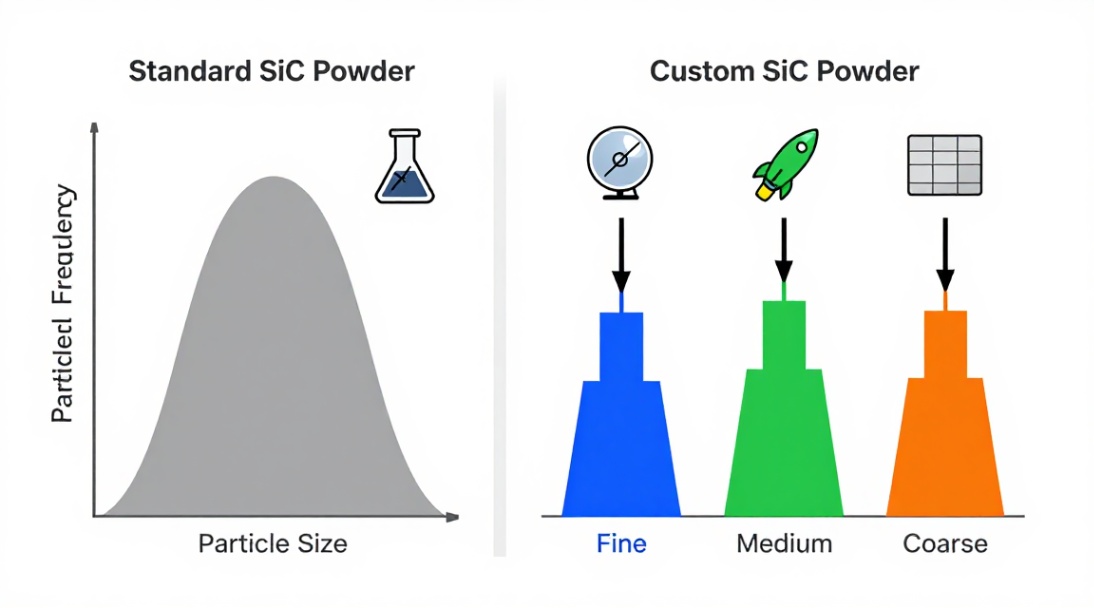 Standard powder offers one broad distribution, while custom sizing delivers targeted particle ranges for specific advanced applications.