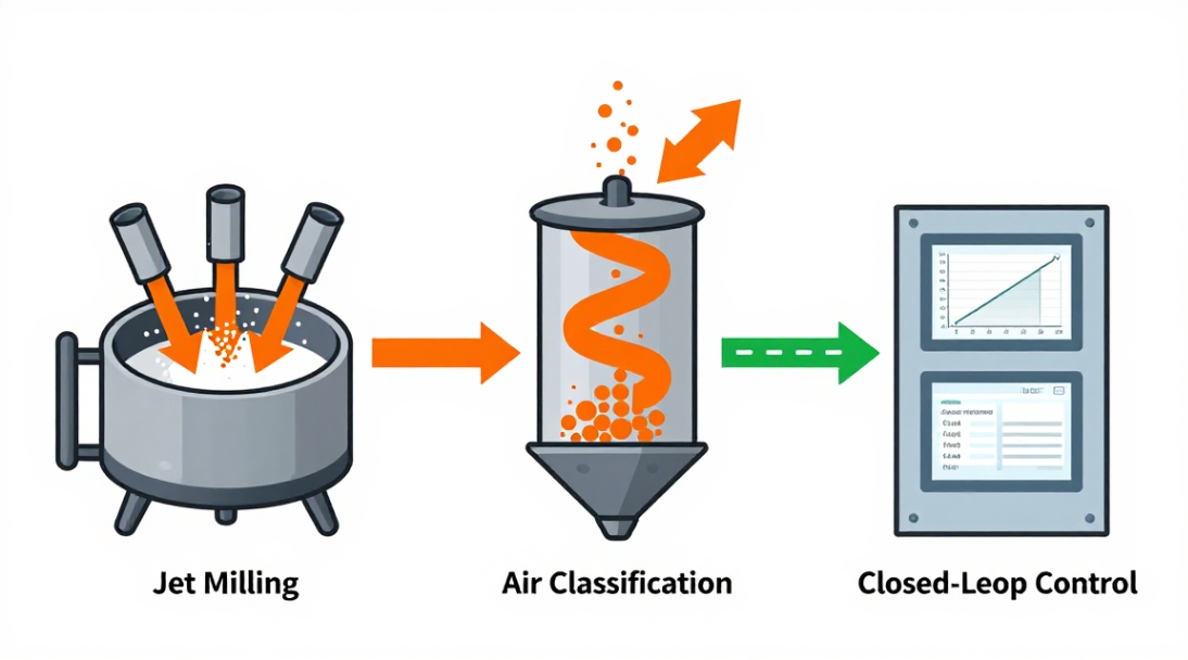 Integrated process chain for achieving custom particle size distributions via jet milling, air classification, and real-time control.
