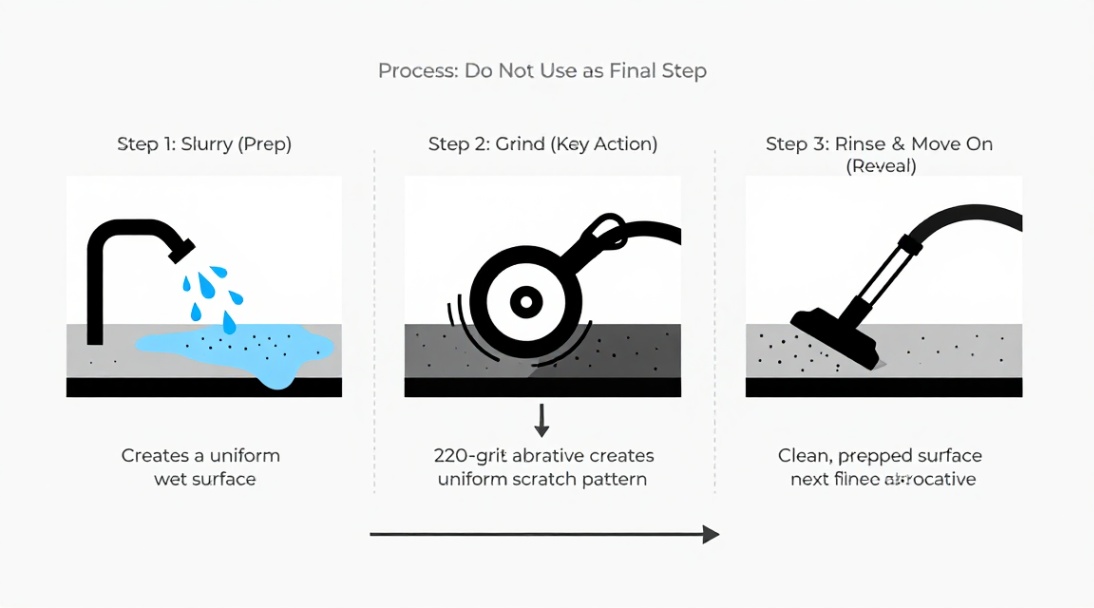 The correct three-step process: slurry, grind, rinse.