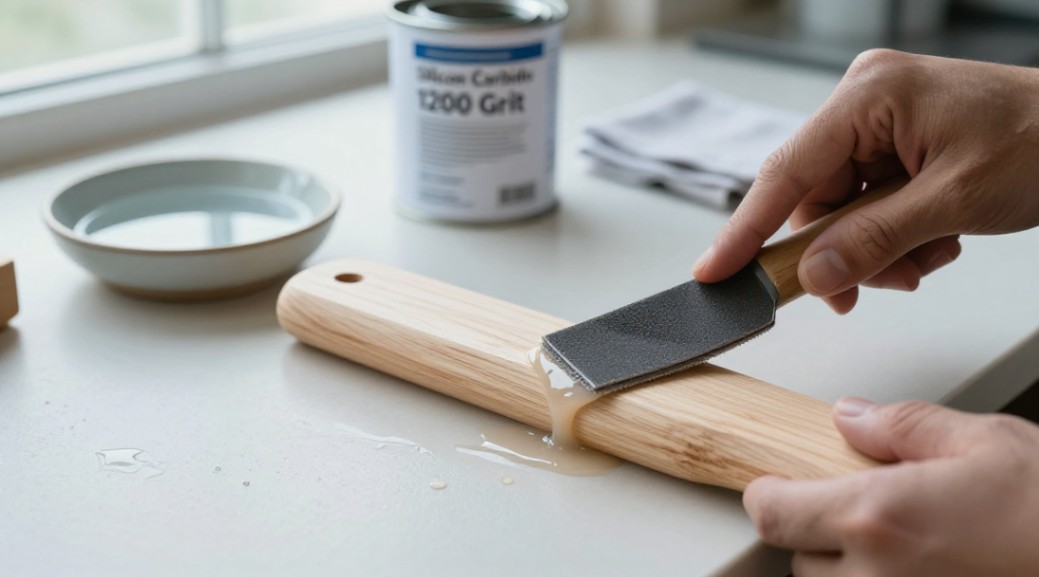 A close-up view of wet sanding in action, showing the water slurry and controlled finish.