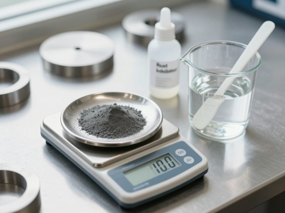 Weighing precise amounts of silicon carbide powder and carrier fluid to create a consistent wet slurry.