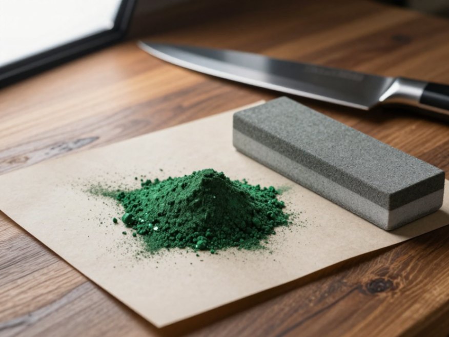 The precise combination of green silicon carbide powder, honing stone, and resulting mirror finish on a knife blade.