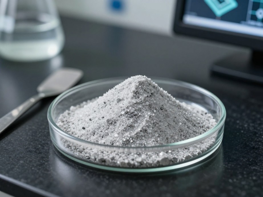 A sample of semiconductor-grade silicon carbide powder, the high-purity starting material for advanced electronics research.