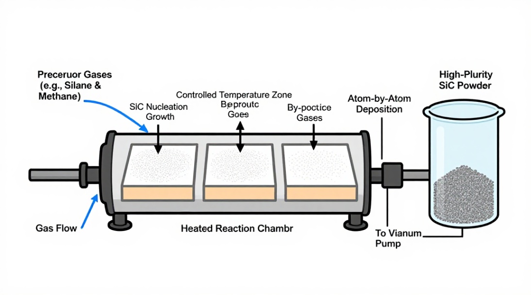 Schematic of a CVD reactor used for atom-by-atom synthesis of high-purity silicon carbide powder.