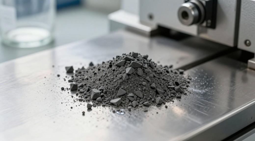 A macro view of sharp SiC abrasive grains on metal, illustrating the material interaction during lapping.